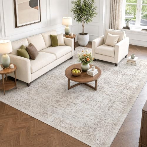 Beauoop Washable Area Rug Beige Neutral Vintage 160x230 cm Non Slip Low Pile Traditional Indoor Carpet for Living Room Bedroom Soft Retro Mat Throw Rug for Dining Office Kitchen Dorm Entryway
