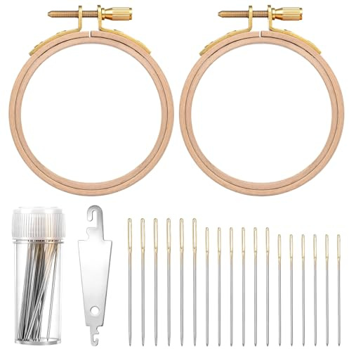 2 Stück 7.6cm Stickrahmen Holz, 30 Stück 3 Größen Sticknadeln und 1 Nadeleinfädler, Mini Stickrahmen Halterung Klein Embroidery Hoop Kreuzstich Reifen Runde Ring für Nadelarbeiten DIY Nähen Kunstwerke