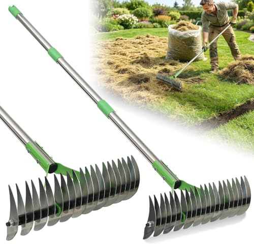 Heavy Duty Thatch Rake for Lawns - 13” Deep-Clean Dethatching Rake for Dead Grass & Moss Removal, Dual-Sided Manual Dethatcher and Scarifier Tool, 65 Long Metal Handle for Garden Yard Lawn Care