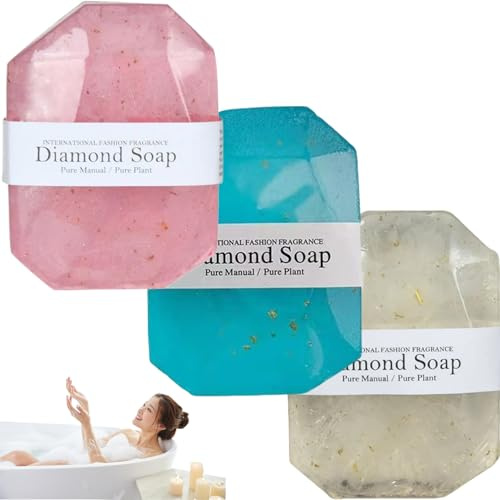 Badeseifenstücke, 3 Stück Diamantseife, natürliches, pflanzliches, edelsteinförmiges Badeöl, botanisch duftendes ätherisches Öl, Goldfolie für Frauen und Männer