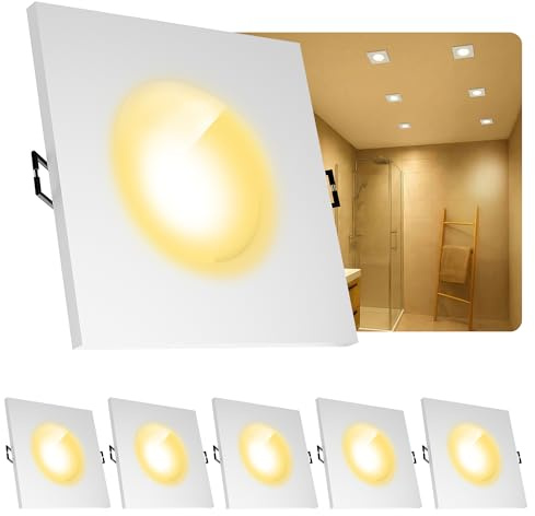 SSC-LUXon BEDA Einbaustrahler 6er Set weiß eckig IP65 GU10 2W warmweiß | Sechs flache Einbauspots IP65 weiß eckig - warmweiß, für Bad, Dusche & Flur, spritzwassergeschützt, wechselbares GU10 LED