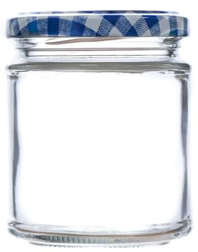 Wares of Knutsford 12 x 190ml (8oz) Glass Jam Jars with Lids – Straight Sided Preserving Jars for Jam, Honey, Chutney, Marmalade & Crafts (Blue Gingham Lids)