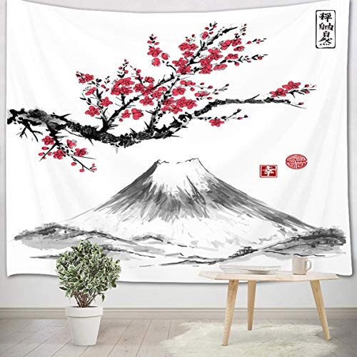 LB 150x130cm Wandteppich Rote Kirschblüte Wandtuch Grauer Berg Wandbehang japanisch Tapisserie für Wohnzimmer Schlafzimmer Wohnheim Wanddeko