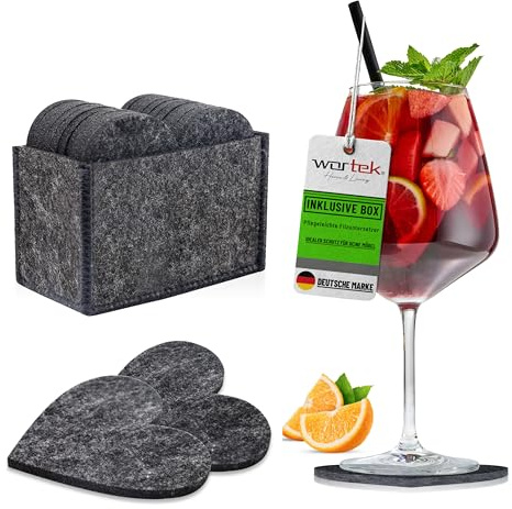 wortek Filz Untersetzer Gläser Schwarz in Herzform – 10er Set mit Aufbewahrungsbox, Glasuntersetzer für Getränke, Tassen, Bar, Glas - Ø 10cm Tischuntersetzer Filzuntersetzer Gläser