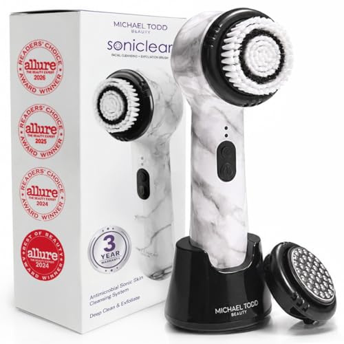 Michael Todd Beauty Soniclear Allure 2024 Best of Beauty Winner Facial Cleansing + Exfoliation Brush System with Antimicrobial Protected Bristles, 4 speeds, Serum Infusion Head + Travel Case