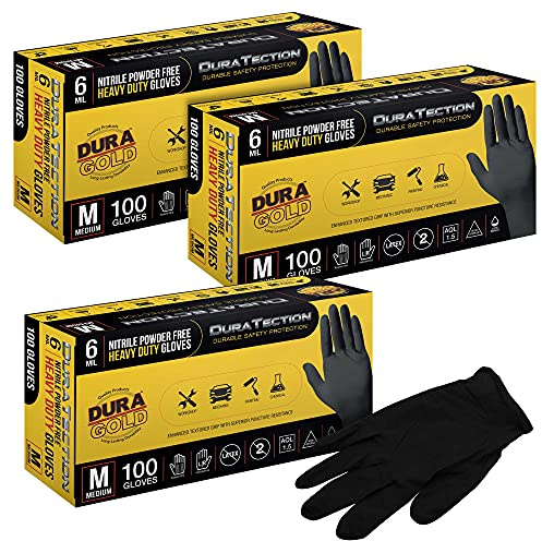 Dura-Gold Guantes desechables de nitrilo negro HD, 3 cajas de 100, tamaño mediano, 6 mil, sin látex, sin polvo, agarre texturizado, mediano (paquete de 300)