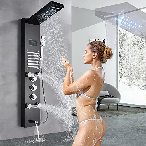 Wieoc Stainless Steel Shower Panel LED Tower System rain Massage Nozzle Black