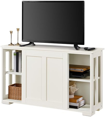 Yaheetech TV Stand Cabinet Unit TV Table with 2 Shelves, Sliding Doors, Sideboard for Living Room, Hallway, Kitchen, Dinning 106.7 x 33 x 63cm, Antique White