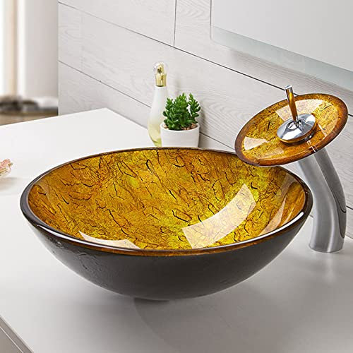 YEITH Modern Art Simple Cracked Tempered Glass Above Counter Basin, Tempered Glass Wash Basin, Countertop Sink,apply to Kitchen Home Hotel