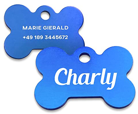 Geschenkfreude Hundehalsband Anhänger mit Gravur - Hundemarke personalisiert/Adressanhänger Hund Knochen - für mittelgroße bis große Hunde - blau