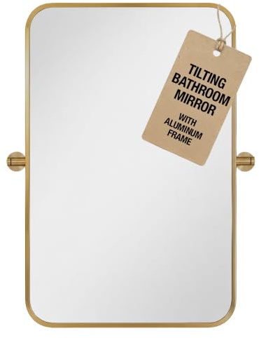 Axel Tilting Bathroom Mirror with Brushed Brass Aluminium Frame - 500x700mm | Wall Mounted, Adjustable Angle, Rectangular Design, Bedroom Hallway Living Room, Vanity Use, Modern Indoor Spaces
