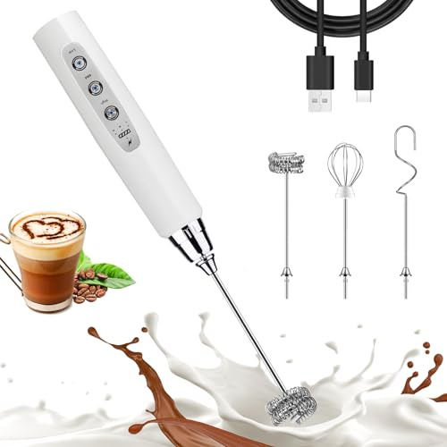 Nahida Montalatte bianco per caffè, frusta elettrica ricaricabile portatile con 3 teste, 3 velocità, miscelatore per bevande e caffè, per latte, cappuccino, cioccolata calda, uova