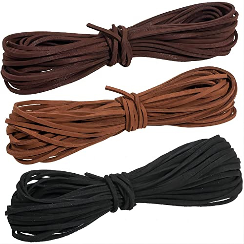 3 Stücke Lederschnur Flach 3mm Lederband Eckig Kunstlederband zum Basteln 10 Meter Kunstleder Seil für DIY Halskette Armband Schmuck Traumfänger Geschenkverpackung Schwarz Dunkelbraun Braun