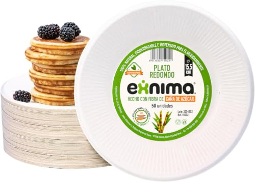 EXNIMA, Pack 50, 100, 200, 500 o 1.000 Platos Desechables Biodegradables, Hechos de Fibra de Caña de Azúcar, Natural, 100% Biodegradable, Redondo, Planos, para Comidas, Barbacoa, Fiestas, Cumpleaños.