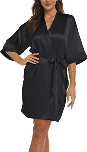 Teemie Dammorgonrock, badrock, satin, kimono, rock, nattkläder, med bälte, fickor, brud, brudtärnor, kort, sexig, v-ringad, nattlinne, sommar, kvinnor, 3/4 ärmar, pyjamas, bröllop, fest, svart, L