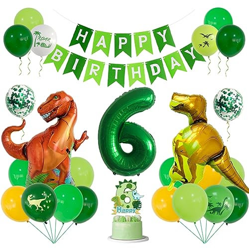 Guoguonb 6 Jahre Dino Geburtstag Deko Zahlenballon 6 Folienballon Luftballons Dinosaurier Themen Cupcake Tortendekoration Happy Birthday Banner für Kindergeburtstag Dinosaurier Partyset Dekoration