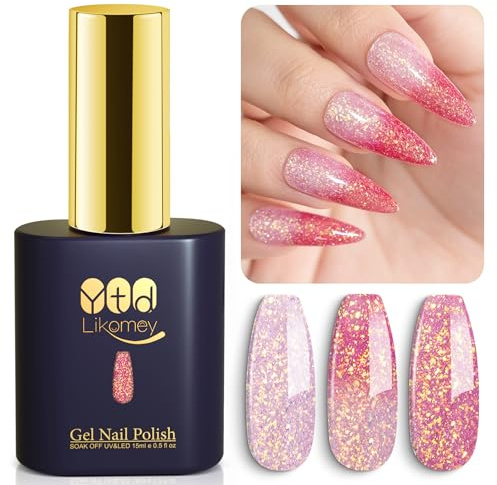 YTD Likomey UV Gel-lack Nagellack,15ml Glitter Ändrar Färg med Temperaturen Nagellack,Färgskiftande Manikyr Gel Polish,Kameleontfärg Gellack-Ljusrosa till Persikorött WB341