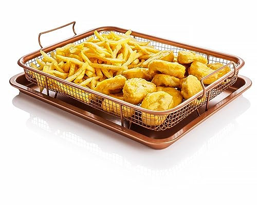 Simak Collection 2 Pcs Copper Non-Stick Oven Crisper Tray Set With Raised Mesh Baking Tray Elevated Stainless Steel Ceramic Coated Nonstick Mesh Crisping Grill Basket Non Stick Fryer 30cm(L) x 30cm(W)