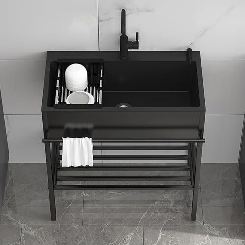 Freistehendes Edelstahl Außenbereich Spülbecken, Mobiles Waschbecken, Multifunktionswaschtisch Mit Wasserhahn, Schwarz Kitchen Sink, Handwaschbecken, Für Badezimmer, Garage, Hotel, Camping (Size : 90
