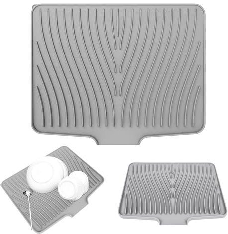 Abtropfschale Silikon Matte Küche, Abtropfmatte Geschirr Spülbeckeneinlage Silicone Drainagematte mit Rillenstruktur und Geneigter Fläche Zusammenklappbare, 40 x 33 x 1,5cm, Grau