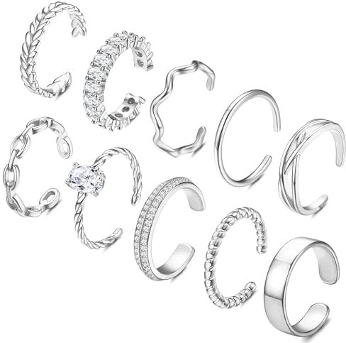 Adramata 10Pcs Ringe Frauen Gold Verstellbare Ringe Set 14 Karat Vergoldet Daumenring Fingerring Einfacher Bandring Stapelbare Offene Ringe Damen Gold Silber Ring für Damen Mädchen