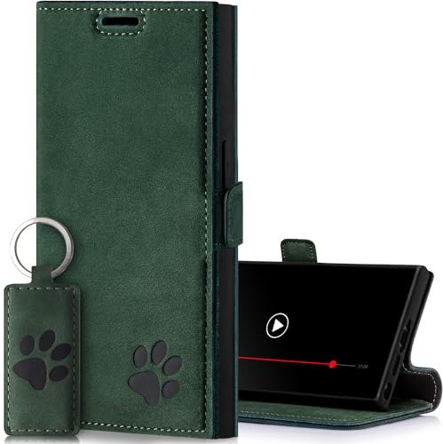 SURAZO Slim Magnet Handyhülle für Samsung Galaxy S24 Ultra Hülle Leder – Echtleder Schutzhülle mit Pfote Motiv – RFID Klapphülle [Standfunktion, Kartenfach] Flip Cover Case Lederhülle (Dunkelgrün)