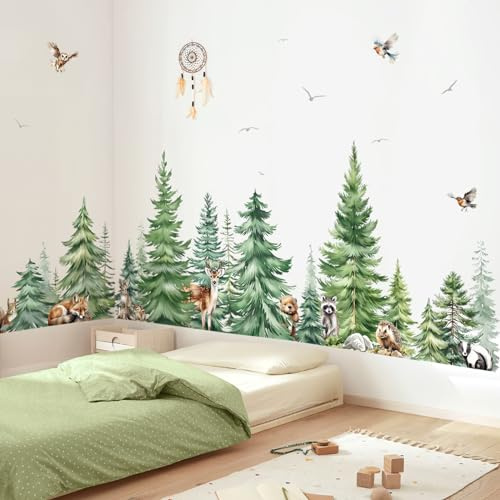 decalmile Wandsticker Baum Große Kiefer Wandtattoo Waldtiere Hirsch(XL) | Abziehbare und Aufklebbare Wandaufkleber, DIY Abnehmbare Wandkunst Abziehbilder, Wandfreundlich, Leuchtenden Farben