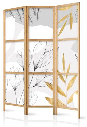 murando - Paravent Raumteiler Holz Blätter, 135x172 cm, 3-teilig, modern | Mobiler Sichtschutz, sofort einsatzbereit, Holzrahmen, ideal fürs Wohnzimmer oder Büro, geruchsneutral, lichtbeständig
