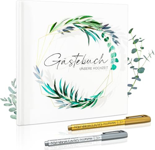 TaimeiMao Gästebuch Hochzeit + Metallic Stifte 96 Seiten Hochzeitsgästebuch Eukalyptus Vintage Wedding Guestbook Hochzeitsdeko Brautpaar