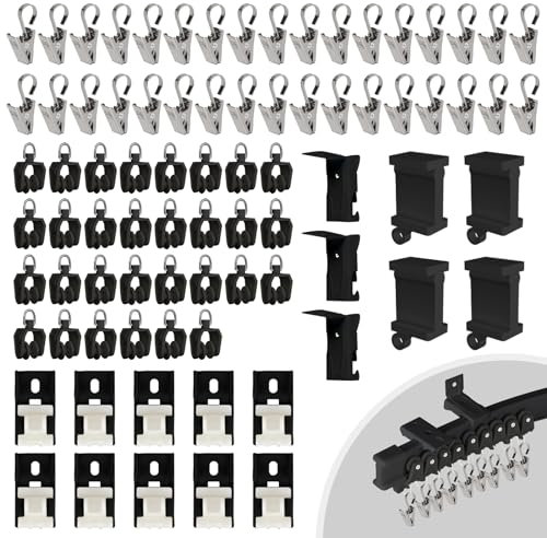 EFUTURETIME 81 Piezas de Accesorios para Riel Cortinas, Rodillos de Riel de Cortina, Tapas de Extremo para Riel, Clips de Gancho para Cortinas, Soportes de Montaje para Rieles de Cortinas, Negro