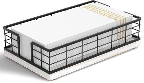 Wican Gästehandtuchhalter Tablett für Badezimmer, Eiche und Eisen, Serviettenhalter für Puderzimmer, Esstisch, Holzkorb für Einweg-Papierhandtücher, Schwarz und Bauernhaus-Weiß