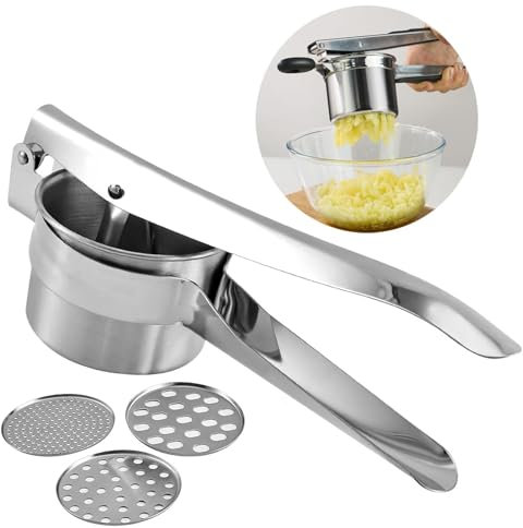 Ulsam Potato Ricer Masher, Stainless Steel Potato Masher with 3 Interchangable Discs Food Grade Multifunctional Ricer for Mashed Potatoes Fruit Food Vegetable Smooth Fluffy