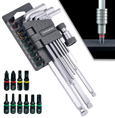 Steinwhale 20in1 Metric Allen Key Set, S2 Steel Hex Key Set, Allen Wrench Set with Bit Adapter and Screwdriver Bits, Ball End for Tilt Operation and Chamfered Tips for Easy Entry