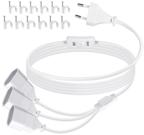 Cavo di prolunga piatto con interruttore, spina europea da 2 m, cavo di alimentazione piatto, adattatore a 3 prese europee, con cavo sottile, 2,5 A/250 V, per TV con spina europea, bianco