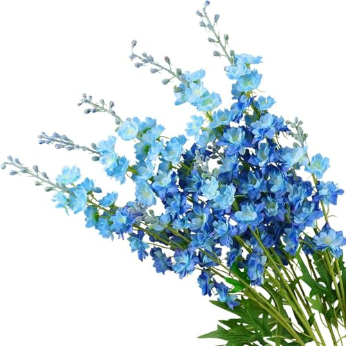 IYGWQWO Blue Delphinium Artificial Flowers, 5pcs 33 Silk Larkspur Faux Flower with Long Stem Fake Bouquet for Tall Floor Vase Kitchen Home Indoor Hyacinth Floral Plant Centerpiece Decor