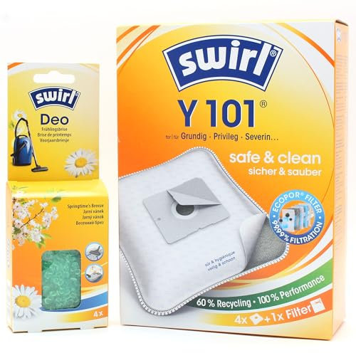 4 Vacuum Cleaner Bags + Deodorant Beads Compatible with AmazonBasics 12M; Bob Home 2567 | Compatible with Swirl Y101 - Y 101 | 4 Bags, Air Freshener, Accessories, Spare Parts