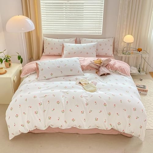 Nyescasa Bettwäsche 135x200 Weiß Rosa Tulpen Bettbezug Mädchen Kinder Weich Mikrofaser Blumenmuster Wendebettwäsche Set mit Reißverschluss und Kissenbezug 80x80cm