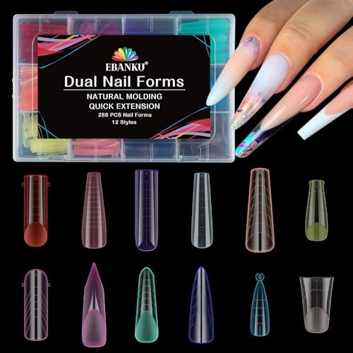 EBANKU 288PCS Polygel Tips Nagelformen, Wiederverwendbar Dual Tips Nägel für Nagelverlängerung Mehrfarbig Acryl Sarg Nagel Erweiterung Tips Nagelspitzen Form, 12 Stile