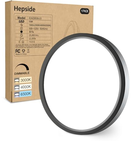 hepside 1Pack Dimmable Flush Mount Ceiling Light Fixture Black, 3CCT Selectable 3000/4000/6500K Ceiling Lamp, 7.5INCH 15W 1500LM Low Profile Light for Bedroom, Kitchen, Bathroom, Hallway