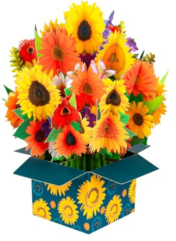 Sonnenblume Quadratbox Pop Up, Papier Blumenstrauß Grußkarten mit leerer Notizkarte und Umschlag, zur Feier von Liebe, Feiertagen, Geburtstagen, Jubiläen, Valentinstag, Muttertag, Hochzeit, Urlaubs