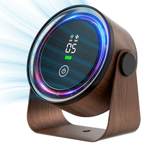 Small Desk Fan 5000mAh Rechargeable Battery Powered -Retro Low Noise Quiet Portable Gentle Blowing with LED Night Light Office Bedroom Table Top Wall Hanging Kitchen Camping Dorm 5-Speed 360° Rotation
