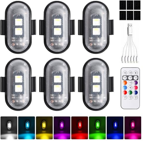 BORDEAG Lot de 6 lumières LED sans fil pour voiture, stroboscope, 8 couleurs, flash LED, télécommande avec télécommande, pour drone de moto