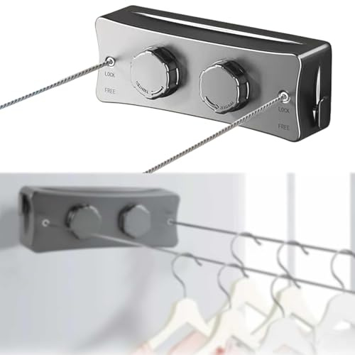Corde à Linge Rétractable 5.1M,Double Bobine Anti-Affaissement | Fil à Linge Extérieur Mural en Acier Inoxydable, 20kg, pour Balcon, Salle de Bain, Intérieur/Extérieur (Noir)