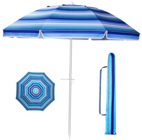 TOYANDONA 2,05 m langer Strandschirm Großer Strandschirm Strand UPF 50+ Ø 210 cm mit UV-Schutz Faltbarer Terrassenschirm für Strand Pool Garten(Blau Gestreift)