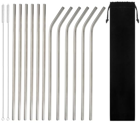 KEQAR Pailles Inoxydable Réutilisables, 12 pièces en Acier Inoxydable 304, avec 2 Brosses de Nettoyage, Paille Inox et Paille en Inox pour Cocktails, Lait Glacé, Boissons (20 cm)
