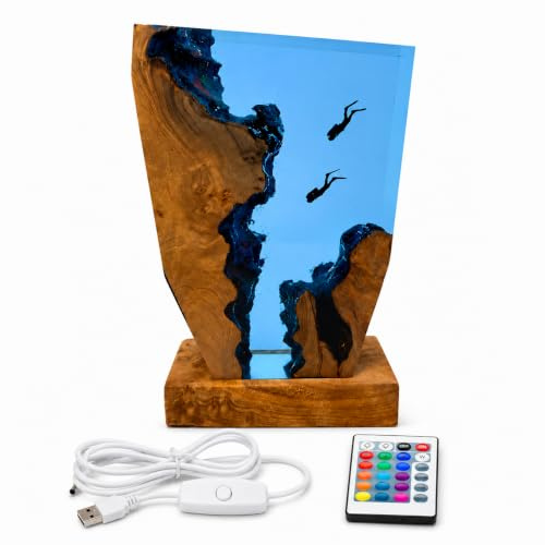 Drawelry Ocean Epoxy Resin Lamp with LED, Handmade Shark Diver Night Light, Deep Sea Decor for Desk Bedroom, Unique Birthday Gift for Men Dad Diving Lovers (Diving Adventure)