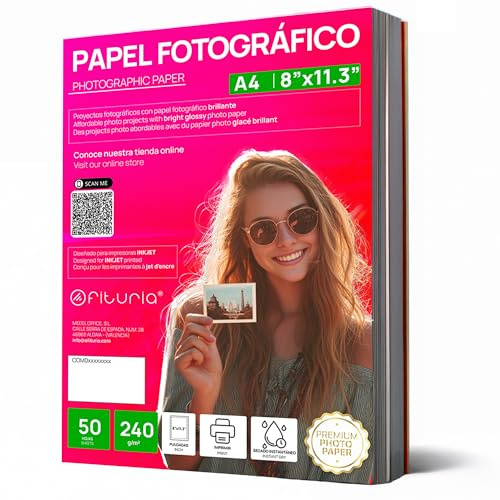 OFITURIA Fotopapier A4 Glänzend – Hohe Auflösung, Soforttrocknend, 240 g/m², Kompatibel mit Tintenstrahldruckern – 50 Blatt