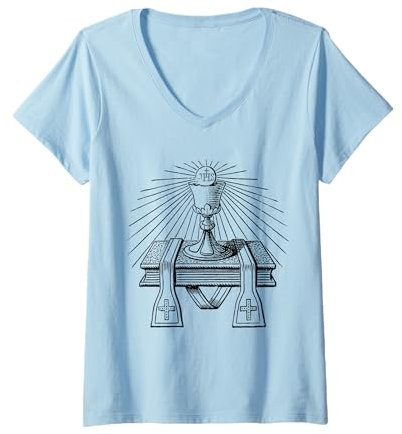 Femme Symbole de la prêtrise catholique eucharistie calice étole ligne art T-Shirt avec Col en V