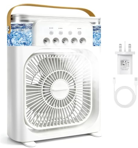 Portable Air Conditioner Fan, Mini Evaporative Air Cooler with 5 Spray Nozzles,3 Wind Speeds,3 Timers, 7 Colors LED Light,600ML Personal AC Unit Fan for Bedroom Office Camping（White）