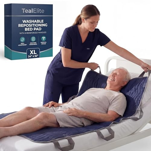 Teal Elite Washable Positioning Bed Pad with 8 Reinforced Handles – 34x52 Waterproof, Quick-Dry, Absorbent Underpad for Elderly Care, Turning, Lifting & Incontinence Protection (Navy)